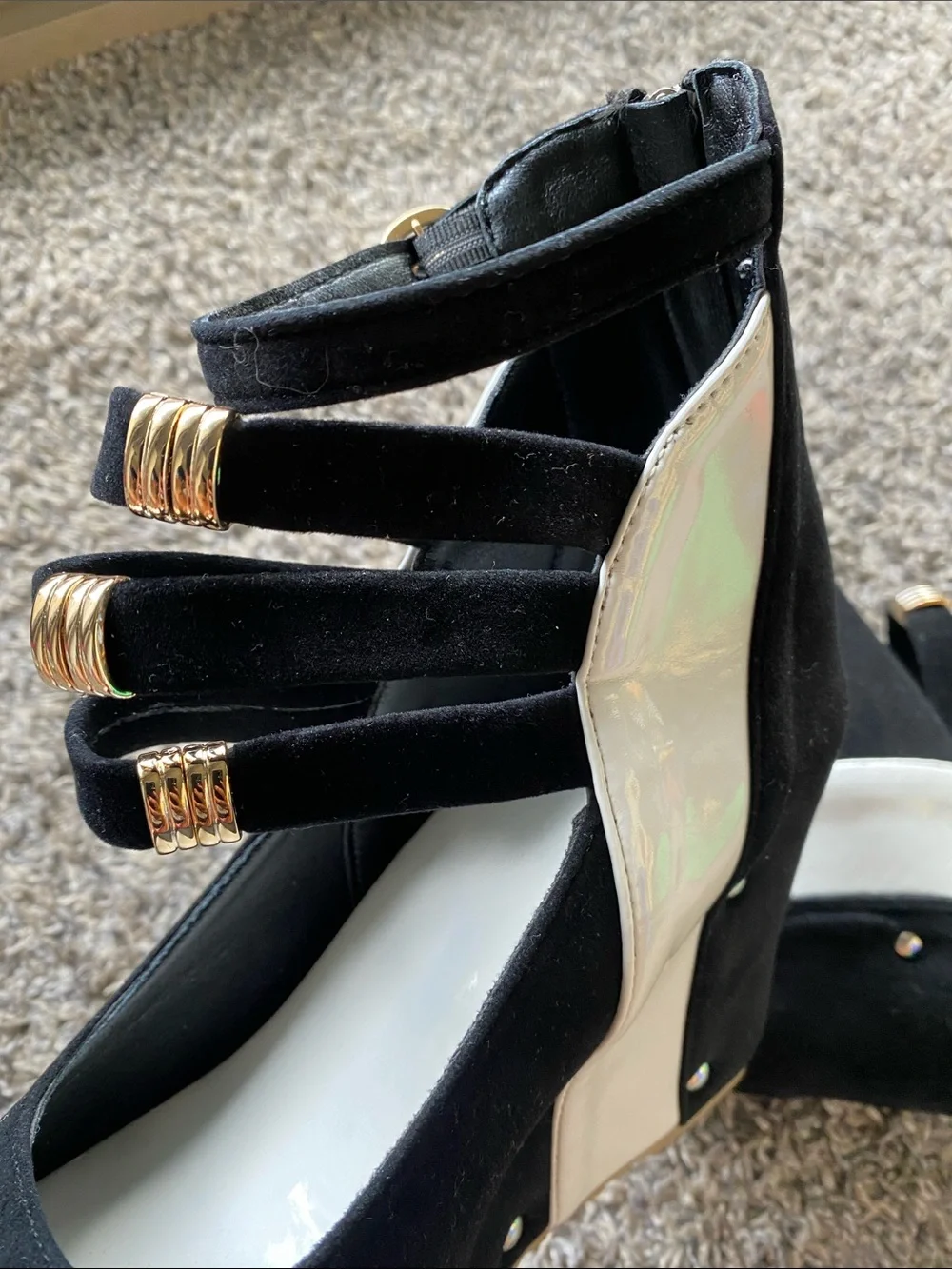 Fashion Nova Black and White Strappy Wedge Sandals